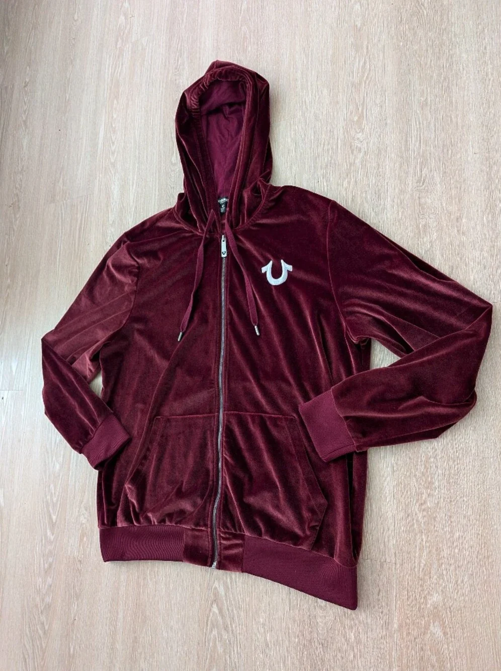 True Religion Hoodie Men's XXL Velour Burgundy Full Zip Fashion For The Senses